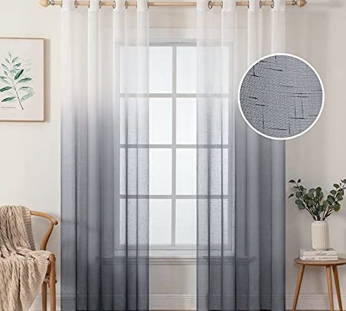 MIULEE Gardinen Transparent Vorhänge Farbverlauf Leinen Sheer 2er Set Voile Vorhang mit Ösen Dekoschal Fensterschal für Schlafzimmer und Wohnzimmer 225 x 140cm (H x B) Weiß Grau