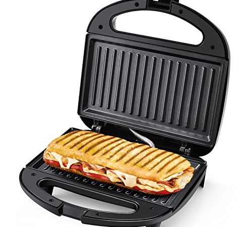 MONXOOK Paninitoaster, 750W Panini Grill, Sandwich Maker Antihaftbeschichtete Platten 21.5x12.5cm, Automatischer Temperaturregler, Kontrollleuchten, Cool Touch Handgriff, Edelstahl/Schwarz