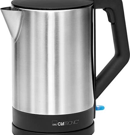 Clatronic WKS 3692 Wasserkocher verdecktes heizelement, automatische Abschaltung, Basisstation mit Kabelaufwicklung, 1,5 L, 2200 W, edelstahl, schwarz, Schwarz / Edelstahl