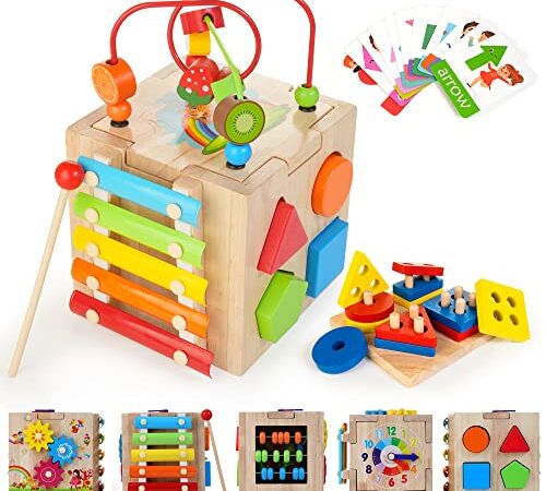 HELLOWOOD 8 in 1 Motorikwürfel ab 1 Jahr Aktivitätswürfel Stapel- und Sortierbrett Wort Karten(Auf Englisch) Motorikspielzeug Baby Montessori Speilzeug Geschenk für Kinder