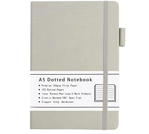 Notizbuch Dotted A5, Hardcover Dotted Journal mit Premium 100 GSM Dickes Papier, 192 Seiten, Innentasche, Elastisch Gebändert, Kunstledereinband, 14,5x21,3 cm (Grau)