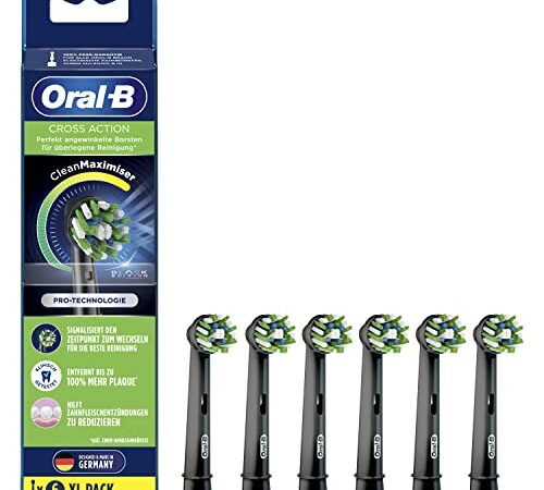 Oral-B CrossAction Aufsteckbürsten für elektrische Zahnbürste, 6 Stück, ganzheitliche Mundreinigung mit CleanMaximiser-Borsten, Zahnbürstenaufsatz für Oral-B Zahnbürsten, schwarz
