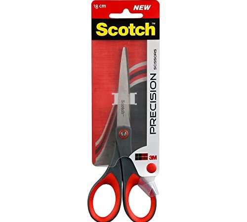 Scotch Präzisions-Büroschere mit rostfreien Stahlblättern - 18cm - Ideal für präzises Schneiden, für Rechts- und Linkshänder geeignet - Farbe grau/rot