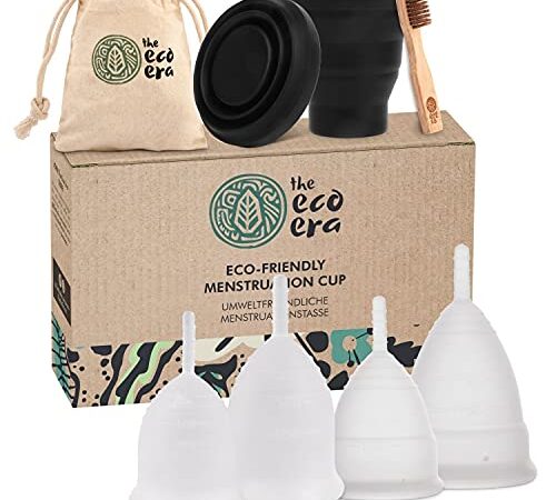 The Eco Era Menstruationstassen-Set "Größe S+L", mit je 2 Menstruationstassen (soft & normal) in Größe L+S, eine Sterilisationstasse, eine Baumwolltasche und eine Bambusbürste - 6 Tlg. Set