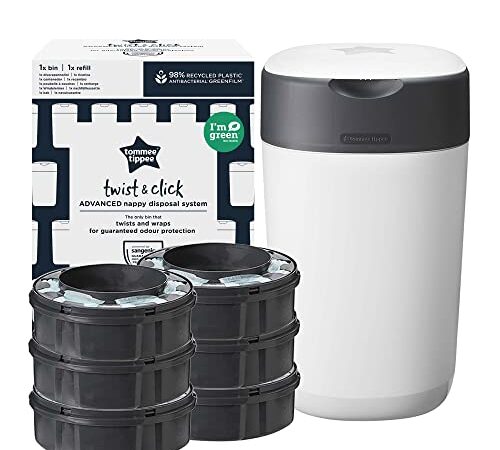 Tommee Tippee Twist and Click Advanced Windeleimer Starter Set, umweltfreundliches System mit 6x Nachfüllkassetten mit nachhaltig gewonnenem antibakteriellem GRÜNFILM