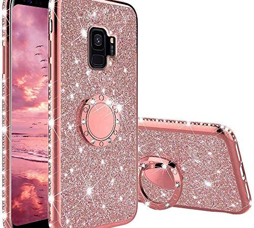 XTCASE Hülle für Samsung Galaxy S9, Glitzer Bling Glänzend Strass Diamant Handyhülle mit 360 Grad Ring Ständer Ultradünn Stoßfest TPU Silikon Tasche Schutzhülle - Rosé Gold