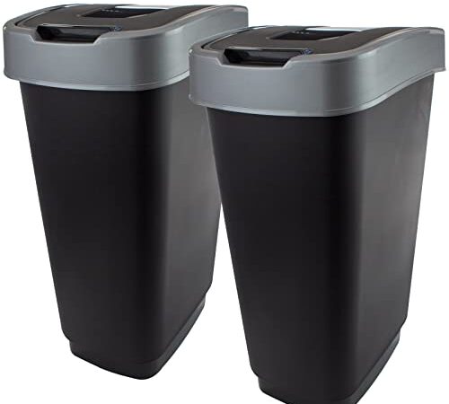 2friends Mülleimer Abfalleimer mit Schwingdeckel, 2 Stück, je ca 50 l, 56*29*39 cm, Farbe: schwarz/silber; Made in EU
