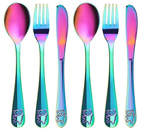 6-teiliges Kinderbesteck aus Edelstahl, 2 x Gabel, 2 x Löffel und 2 x Messer für Baby & Kinderzeit, Kinderbesteck Mit Gravur, Geschenke zur Taufe,Taufgeschenke(Regenbogen)