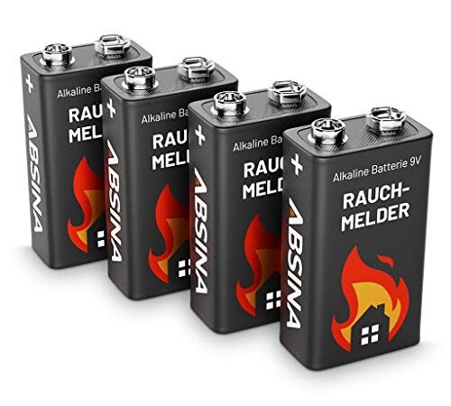 ABSINA Rauchmelder Batterie 9V Block - 4er Pack Alkaline 9V Block Batterien langlebig & auslaufsicher - Blockbatterien für Feuermelder, Bewegungsmelder, Kohlenmonoxid, Warnmelder & Rauchwarnmelder