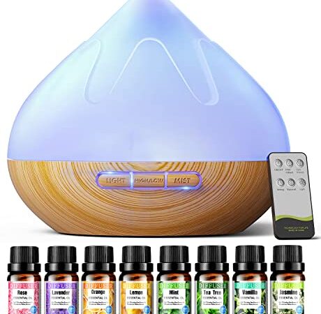 Aroma Diffusor Set für Ätherische Öle 500 ML ,Diffusor Für 8 x10 ML Ätherische Öle Mit Fernbedienung,14-Farben-LED, Fernbedienung Mit 4 Timer-Einstellung