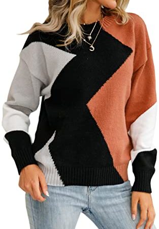 ASOMI Pullover Damen Lässig Langarmshirt Strickpullover Lose Rundhals Sweatshirts Strickbluse mit Bunt Streifen 312 Schwarz Braun XL