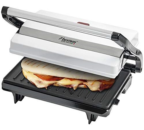 Bestron Kontaktgrill mit Auffangschale, Sandwichmaker mit Cool-Touch-Handgriff, Paninimaker mit Antihaftbeschichtung, 700 Watt, APM123W, Farbe: Weiß