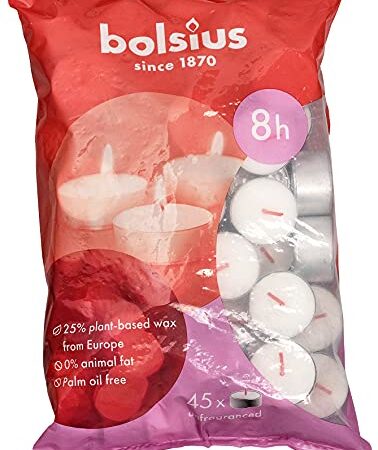 Bolsius D-light Teelichter - im Beutel - Länge Brenndauer 8 Stunden - Dekorative Haushaltkerzen - Weiß - Natürliches Pflanzenwachts - Ohne Palmöl - 45 Stück