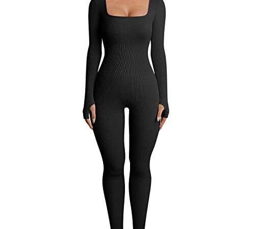 Damen Sexy Jumpsuits Sportbody gerippte Strick Fitness Overall Unitards Ballett Ganzanzug Gymnastik Trikot Body Elastisch Yoga Bodysuit Leggings Square Neck Hip Lift Slim Fit Langarm Strampelhöschen