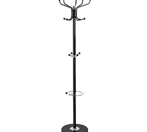 Edaygo Garderobenständer mit Schirmständer, Kleiderständer, 180 cm, Metall mit Marmorfuß, Schwarz, 35 kg max. Belastbarkeit, 14 Haken