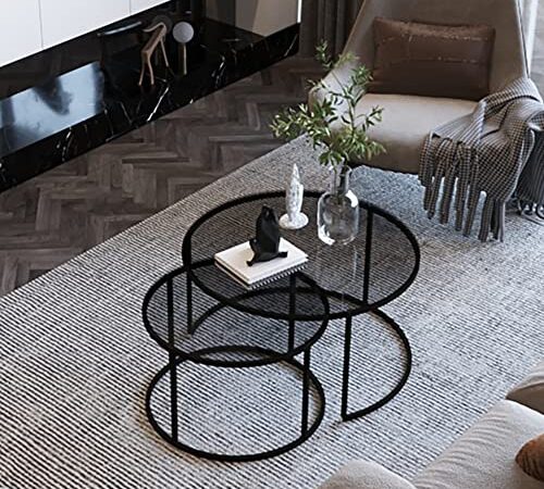 [en.casa] Couchtischset Kokkola Beistelltisch Satztisch Wohnzimmertisch Sofatisch rund Rauchglas 4 mm/Schwarz