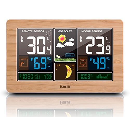 FanJu Wetterstation Funk mit Außensensor, DCF Funkuhr, Digital Farbdisplay Innen und Außen Thermometer Hygrometer, Funkwetterstation mit Wettervorhersage und Barometer, Batteriebetrieb und Netzbetrieb