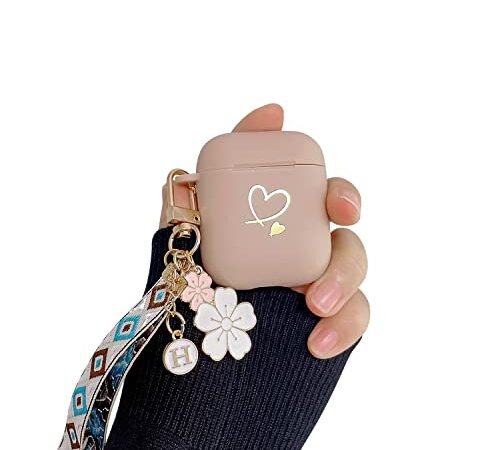 Fycyko Kompatibel mit AirPods Hülle, Airpods 2 hülle und Airpods 1 Case Golden Herz Muster Cover mit Schlüsselanhänger Stoßfeste AirPods Schutzhülle für Mädchen Frau Hülle für Airpods 2 & 1-Braun