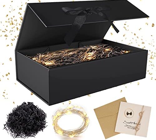 Geschenkbox mit Deckel,Geschenkbox mit Schleifen,Faltbare Geschenkbox,Geschenkkarton mit Magnetisch,Geschenkbox Set,Grußkarten,Raffia Hamper Shreds,LED-Lichterkette,für Hochzeit Geburtstag Weihnachten