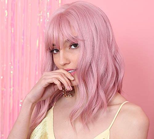 HAIRCUBE Schöne rosa Bob Perücken 14 Zoll rosa Perücken für Frauen Mädchen kurze lockige synthetische Perücke mit Pony