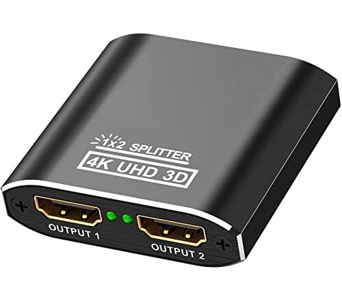 HDMI Splitter Aluminium 4K HDMI Verteiler 1 in 2 Out Unterstützt HDCP, 4K, 3D, UHD, 1080P, HDMI Splitter 1 auf 2 für Xbox, PS4, PS3, Roku, Blu-Ray-Player, Firestick, HDTV und Apple TV.