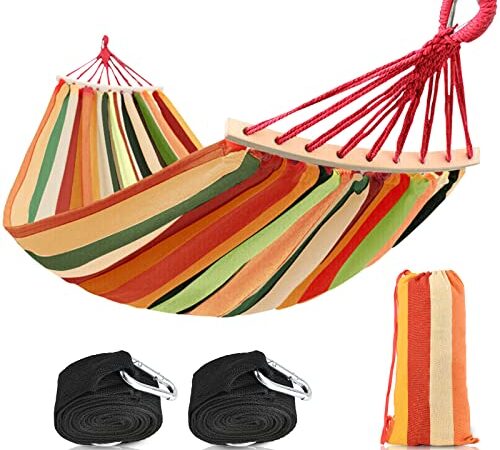 Hängematte 200 x 150cm, Camping Hängematte Outdoor Doppelhängematte mit Schwebebalken, Extra große Segeltuch Hängematte Tragbare mit Tragetasche, Belastbarkeit bis 300kg für Terrasse Hof Garten