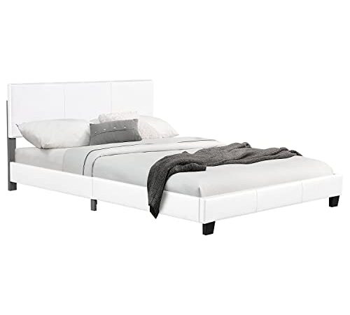 Juskys Polsterbett Bolonia 140x200 cm - Bett mit Kopfteil & Lattenrost — aus Holz & Kunstleder — weiß — Jugendbett Bettgestell