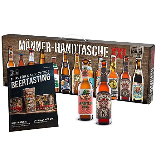 KALEA Männerhandtasche XXL, 12 x 0,33l Bierspezialitäten von deutschen Privatbrauereien, Geschenkidee für alle Bier begeisterten Männer und Frauen