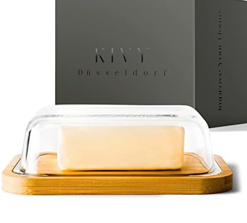KIVY Butterdose - Hochwertige Butterdose aus Glas mit edlem & nachhaltigem Bambusdeckel - Butterglocke für 250g Butter - Butterdose Glas mit Deckel Bambus - Butterschale Holz - Butter Dish - Box
