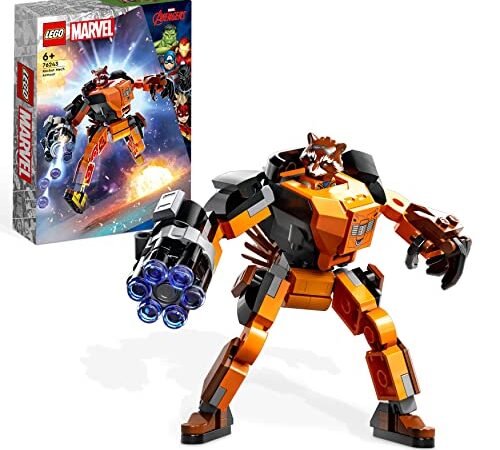 LEGO 76243 Marvel Rocket Mech, Spielzeug-Action-Figur des Waschbär Avengers aus Guardians of The Galaxy mit Sammelfiguren für Kinder ab 6 Jahren