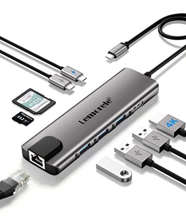 Lemorele USB C Hub - USB C Adapter 9 in 1 Aluminiumgehäuse mit Gigabit Ethernet, 4K HDMI, 100W PD, 3 USB-A, USB-C-Daten, SD/TF, Docking Station USB C für MacBook Air/Pro,iPad,Windows,Switch,Chromecast