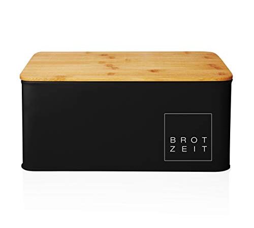 Lumaland Cuisine Brotkasten | Brotdose aus Metall mit Bambus Deckel | Brotbox rechteckig 30,5 x 23,5 x 14 cm | 2in1 Brotbehälter & Schneidebrett [Schwarz]