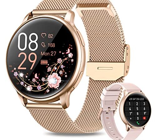 RUXINGX Smartwatch Damen mit Telefonfunktion 1.32 Zoll HD Voll Touchscreen, Armbanduhr mit SpO2 Pulsuhr Menstruationszyklus Schlafmonitor Schrittzähler Kalorien Fitness Tracker IP67 iOS Android Gold