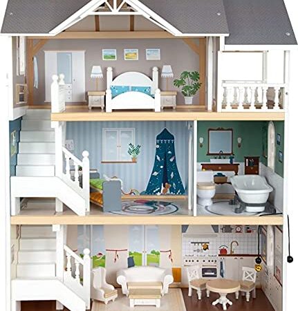 Small Foot Puppenhaus Stadtvilla, aus Holz, mit 3 Etagen, offener Front und umfangreichem Mobiliar, ab 3 Jahren, 11802, Weiß Grau