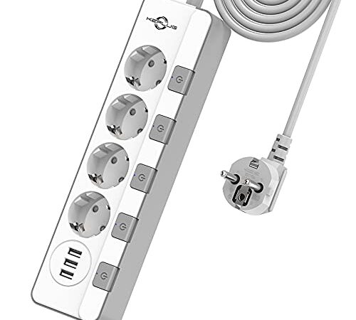 Steckdosenleiste überspannungsschutz(4000W 16A),KEPLUG Mehrfachsteckdose Steckdosenleiste mit 3 USB ,Steckdosenleiste einzeln schaltbar wandmontage kindersicherung,Steckdose mit USB 2 m Kabel
