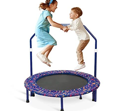 Trampolin Kinder,Ø91cm Fitness Trampolin für Kinder mit,Trampolin Indoor Kinder Verstellbarem Handlauf und Sicherheitsgepolsterter Abdeckung ,für Jungen Mädchen ab 2 3 4 Jahren(Blau)