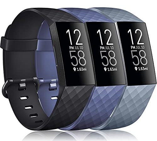 Vancle 3 Pack Kompatibel für Fitbit Charge 3 Armband/Fitbit Charge 4 Armband, Klassisch Sport Verstellbares Ersatzarmband für Fitbit Charge 3/Fitbit Charge 4 (Schwarz/Marine Blau/Blau Grau, L)