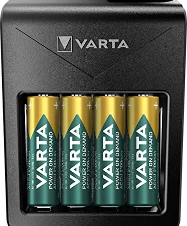 VARTA Akku Ladegerät inkl. 4X AA 2100mAh Akku, Batterieladegerät für AA/AAA/9V & USB Geräte, Power on Demand LCD Charger+, Einzelschachtladung [Exklusiv bei Amazon]