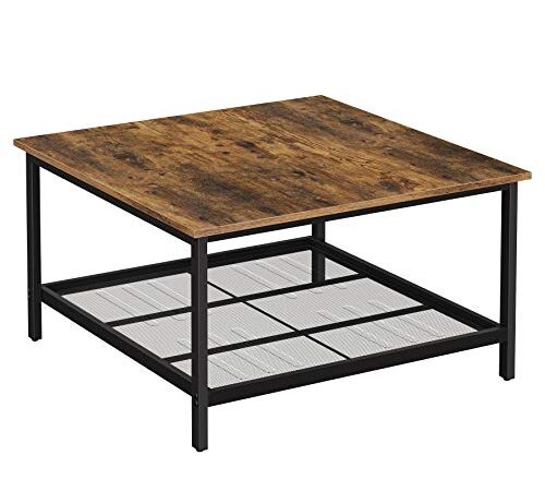 VASAGLE Couchtisch, Kaffeetisch, aus Stahl, mit Gitterablage, quadratisch, Industrie-Design, für Wohnzimmer, vintagebraun-schwarz LCT065B01