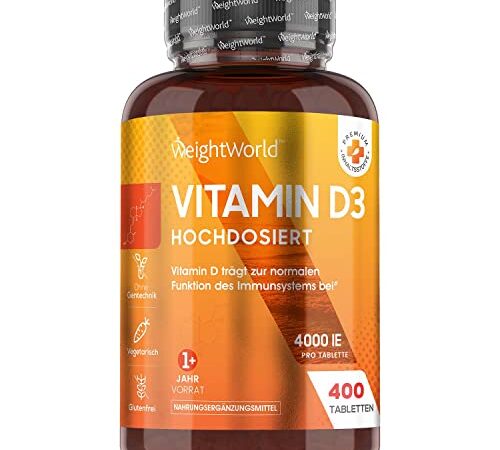 Vitamin D3 Tabletten 4000 IE - 400 Tabletten - 1 Tablette alle 4 Tage - Vegetarisch & Geprüfte Zutaten - 100% reines Cholecalciferol Vit D - Nahrungsergänzungsmittel für Jung & Alt - Von WeightWorld