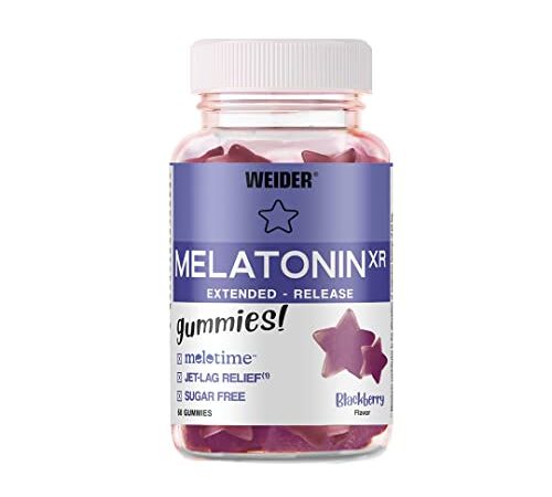 WEIDER Melatonin Gummis zum besseren Einschlafen, mit zeitverzögerter Freisetzung, optimale Dosierung für die Nachtruhe, leckere Gummibärchen, Schlafsterne, ohne Zucker, Brombeer-Geschmack, 60 Stück