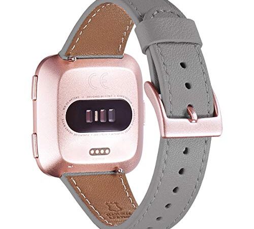 WFEAGL für Fitbit Versa Armband,Lederband Ersatzband mit Edelstahl-Verschluss kompatibel für Fitbit Versa/Versa 2 /Versa Lite/Versa SE Fitness Smart Watch(Grau+ Roségold Schnalle)
