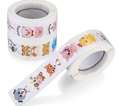 3 Rollen/1500 Stück runde Tier Aufkleber, Tier Belohnungsaufkleber, Selbstklebende Aufkleber, 3D Tiergesichter Aufkleber runde, Tieraufkleber Stickers für Kinder Motivierend Etiketten