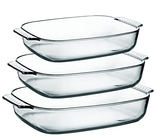 3 Stücke Glas Auflaufform aus Borosilikatglas 3 Pcs 1.8L+2.5L+3.1L Backform Auflaufform Rechteckig Lasagneform Oval Ofenform für Lasagne Auflaufform für Ofen mit Griffen Lasagne Dish