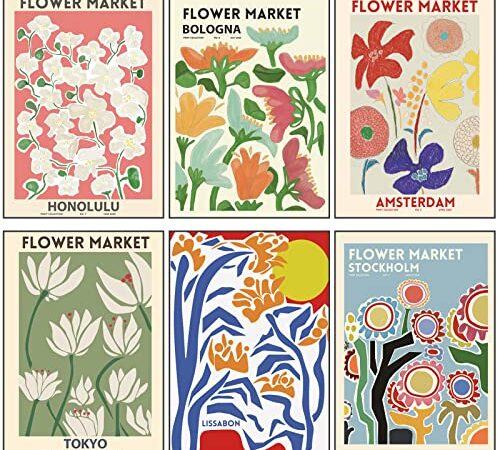 6Pcs Stilvolles Blumen Bilder Set Flower Market Poster Kunstdrucke A4 Bilder Moderne Poster Wandbilder Vintage Bilder Wanddeko Ohne Rahmen Premium Poster Set für Wohnzimmer Schlafzimmer Esszimmer