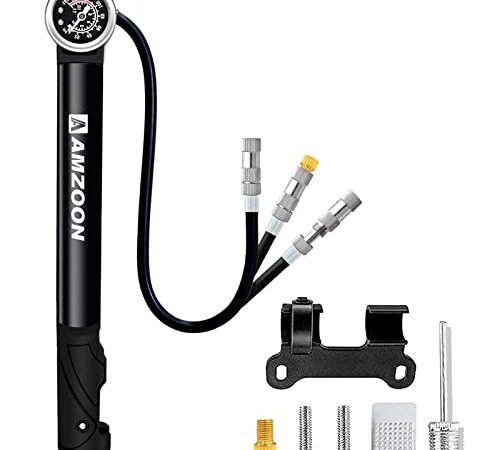 AMZOON Fahrradpumpe Luftpumpe mit Manometer Verlängerungsrohr Luftpumpe Fahrrad alle Ventile Schrader & Presta Mini Fahrradluftpumpe Leichte Handpumpe für Roadbike Mountainbike Zubehör