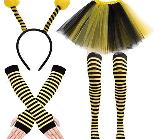 Bestomrogh Bienenkostüm Erwachsene, Bienen Haarreif Tüll Rock Gestreifte Überkniestrümpfe Lange Handschuhe Faschingskostüme Damen Karneval Verkleidung