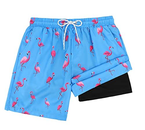 Century Star Shorts Herren Badehose Schnelltrocknend Boardshorts Schwimmhose mit Netzfutter Taschen Surfen Strandhose mit Verstellbarem Tunnelzug Uv-Schutz Flamingo L