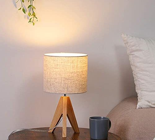 EDISHINE Nachttischlampe Tischlampe Holz, E27 Fassung, Stativ Vintage Landhaus, Beiger Lampenschirm aus Leinen, für modern Deko Schlafzimmer, Wohnzimmer, Nachttisch, Geschenk, CE-Zertifiziert