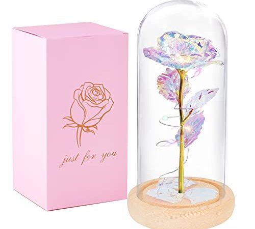 Ewige Rose im Glas,Rose in Glaskuppel mit Lichter,Nachts Leuchtende Rose,Schöne & Biest Rose für Freundin Mutter Frau,Künstliche Blumen Rose,Muttertagsgeschenk für Mama,Valentinstag Weihnachtsdeko